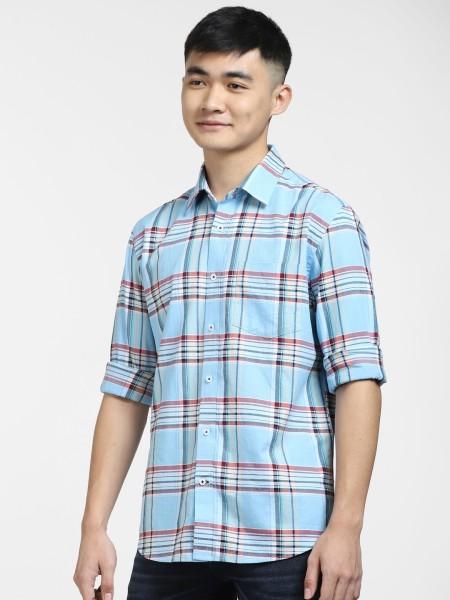 men slim, regular fit checkered spread collar casual shirt