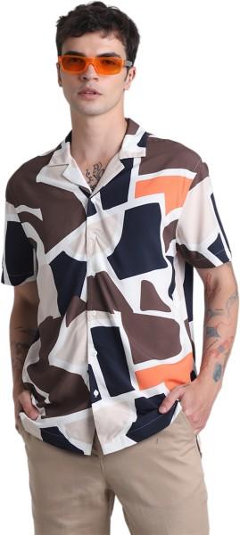 men regular fit printed lapel collar casual shirt