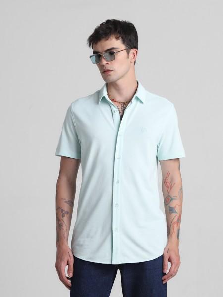 men slim fit solid spread collar casual shirt