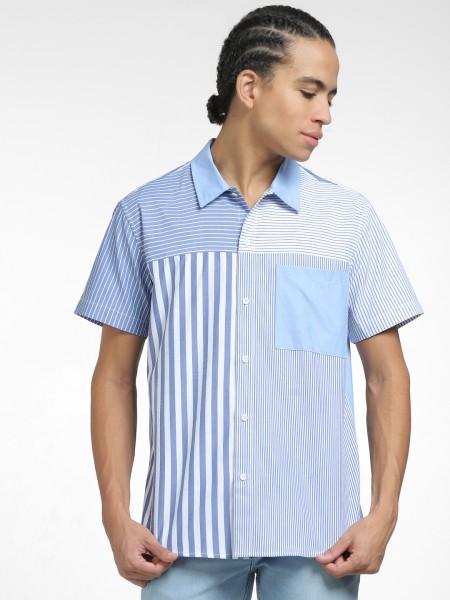 men regular fit striped spread collar casual shirt