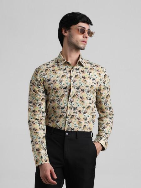 men slim fit floral print spread collar casual shirt