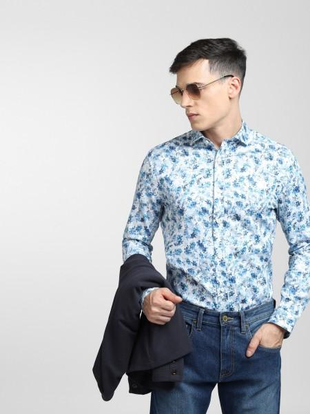 men slim fit floral print cut away collar casual shirt