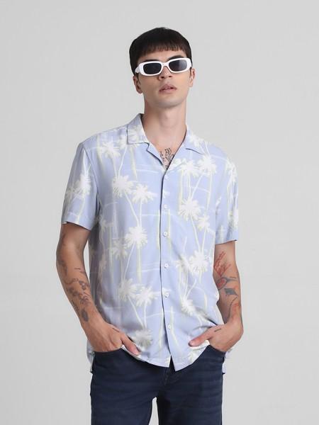 men regular fit printed lapel collar casual shirt