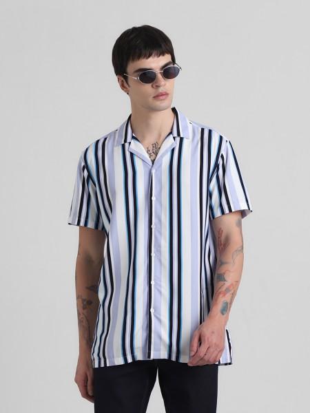 men regular fit striped lapel collar casual shirt