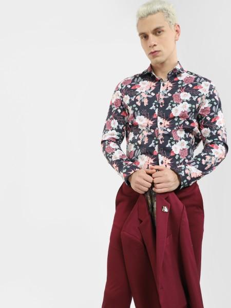 men slim fit floral print spread collar casual shirt