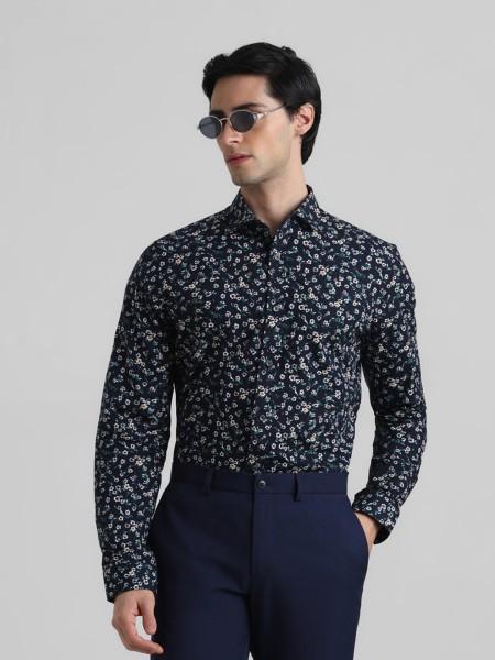 men slim fit floral print spread collar casual shirt