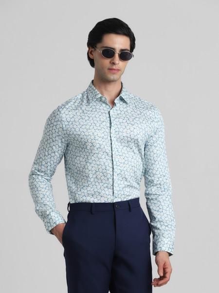 men slim fit floral print spread collar casual shirt