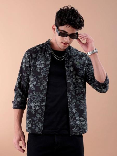 men slim fit floral print spread collar casual shirt