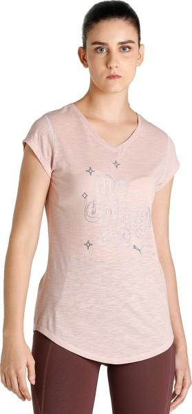 performance curved hem rec women printed v neck poly cotton pink t-shirt