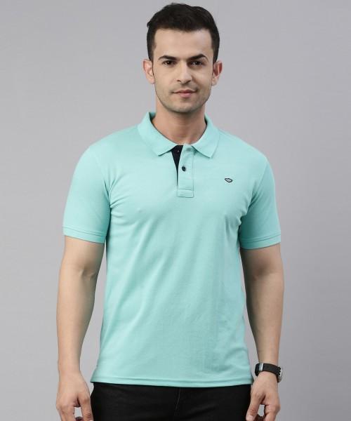 solid men polo neck cotton blend light green t-shirt