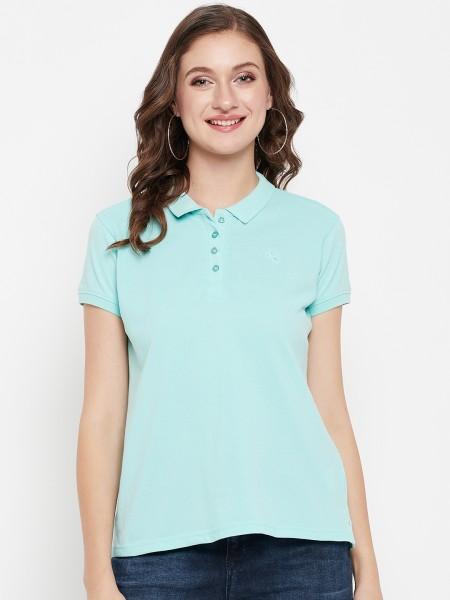 women solid polo neck poly cotton blue t-shirt