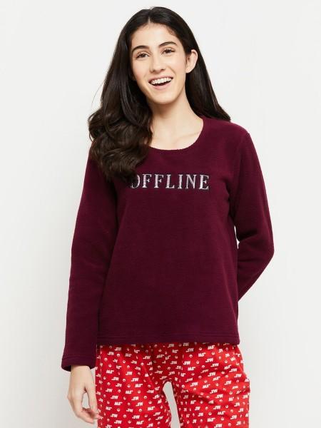 women printed round neck polyester red t-shirt