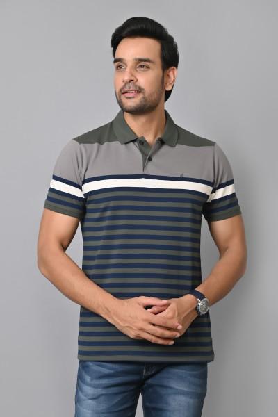 men striped polo neck cotton blend multicolor t-shirt