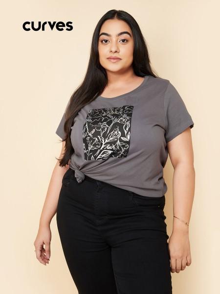 women printed round neck pure cotton grey t-shirt