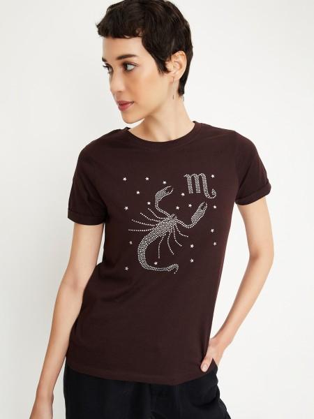 women printed round neck pure cotton brown t-shirt