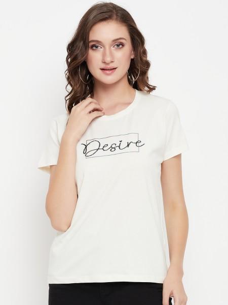 women printed round neck pure cotton white t-shirt