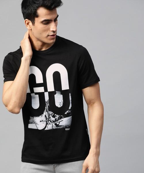 men printed round neck pure cotton black t-shirt