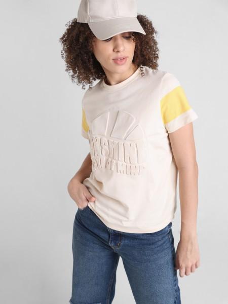 women typography round neck cotton blend beige t-shirt