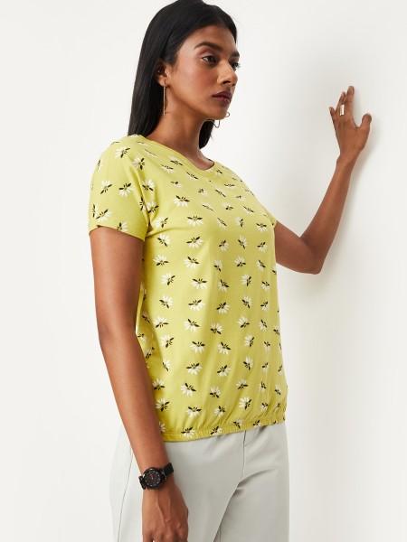 women floral print round neck pure cotton yellow t-shirt