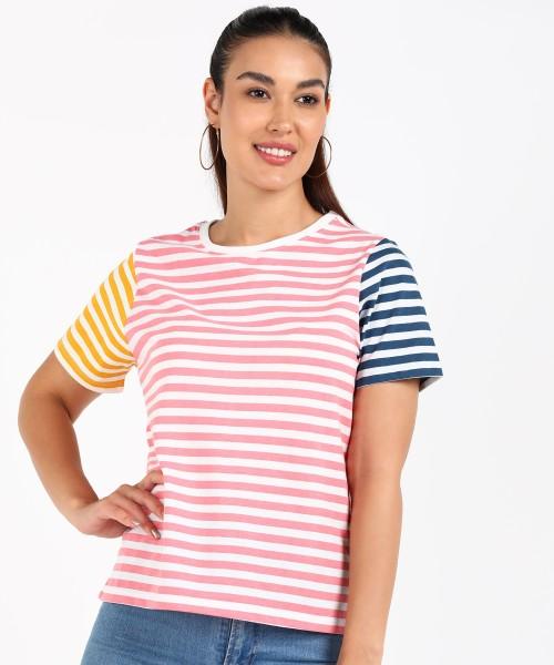 women striped round neck cotton blend multicolor t-shirt