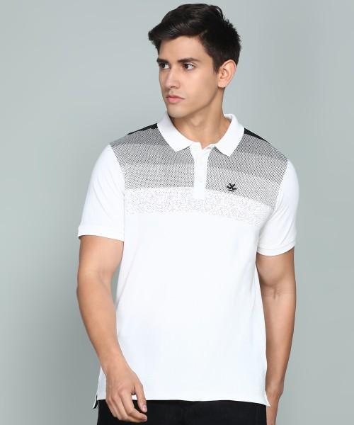 men printed polo neck cotton blend white t-shirt