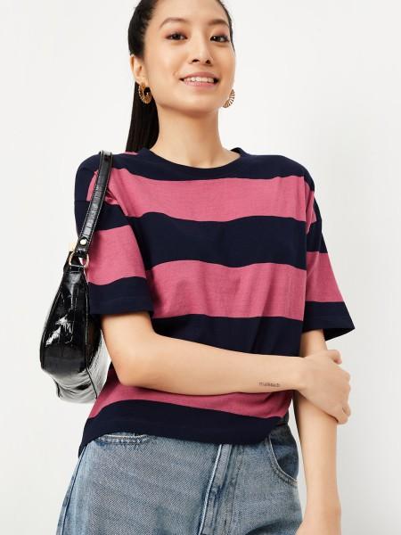 women striped round neck cotton blend pink t-shirt