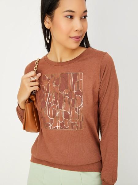 women graphic print round neck pure cotton brown t-shirt