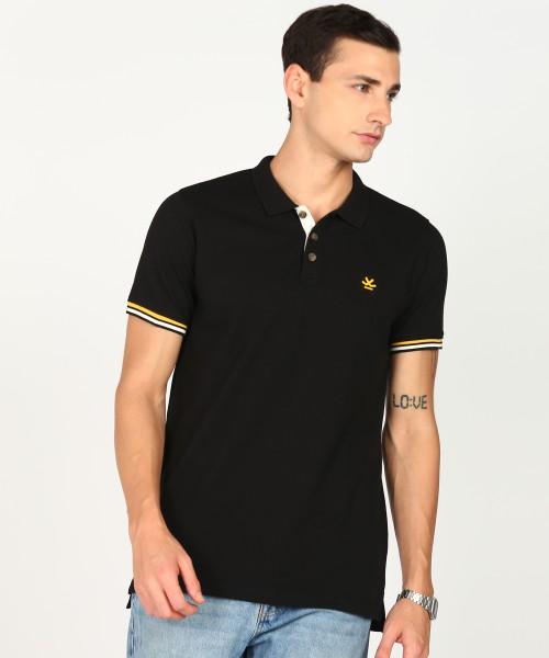 men solid polo neck cotton blend black t-shirt