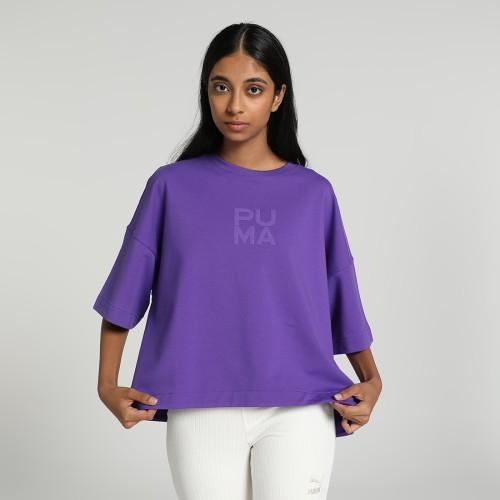 infuse relaxed women solid round neck cotton blend purple t-shirt