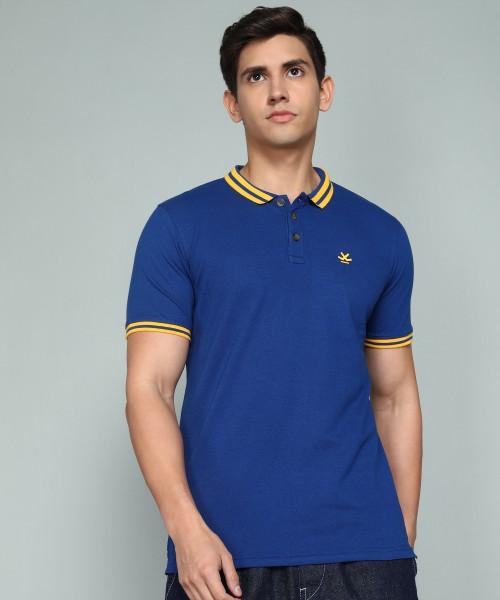 men solid polo neck cotton blend blue t-shirt