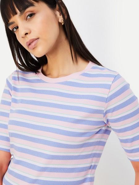 women striped round neck pure cotton purple t-shirt