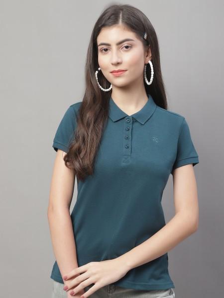 women solid polo neck poly cotton dark blue t-shirt