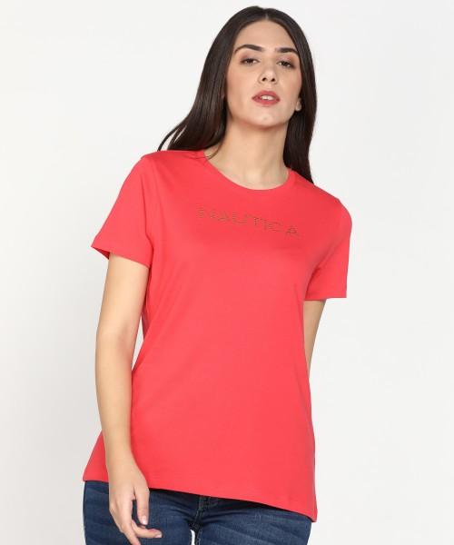 women printed crew neck cotton blend red t-shirt