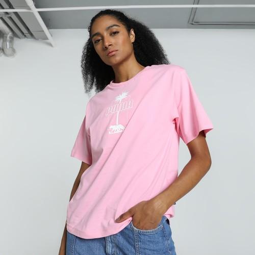 women graphic print crew neck cotton blend pink t-shirt