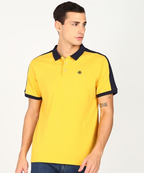 men solid polo neck cotton blend yellow t-shirt