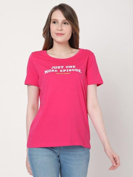 women typography round neck cotton blend pink t-shirt