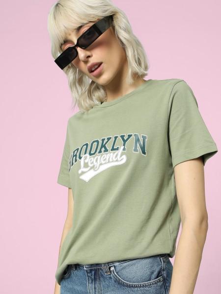 women printed round neck cotton blend green t-shirt