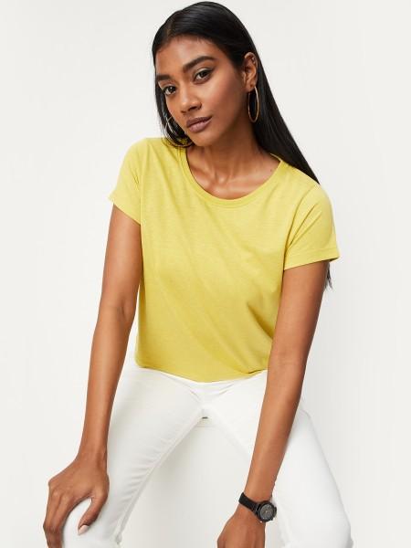 women solid v neck poly cotton yellow t-shirt