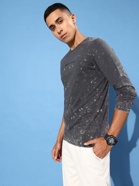 men printed crew neck cotton blend grey t-shirt