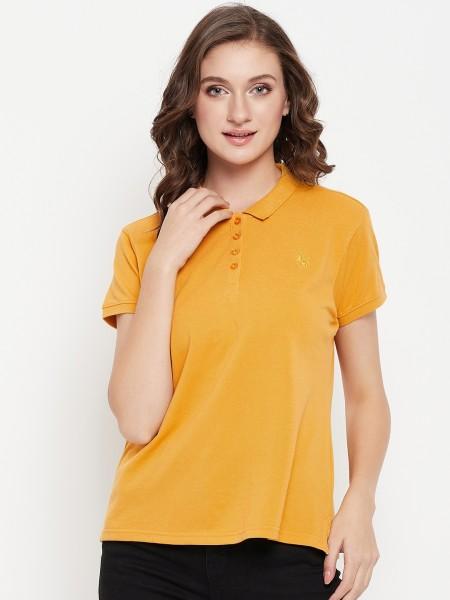 women solid polo neck poly cotton yellow t-shirt