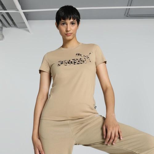 women printed crew neck cotton blend beige t-shirt