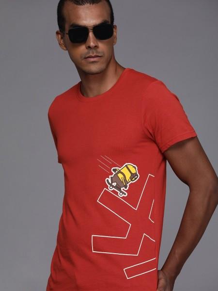 men printed round neck cotton blend red t-shirt