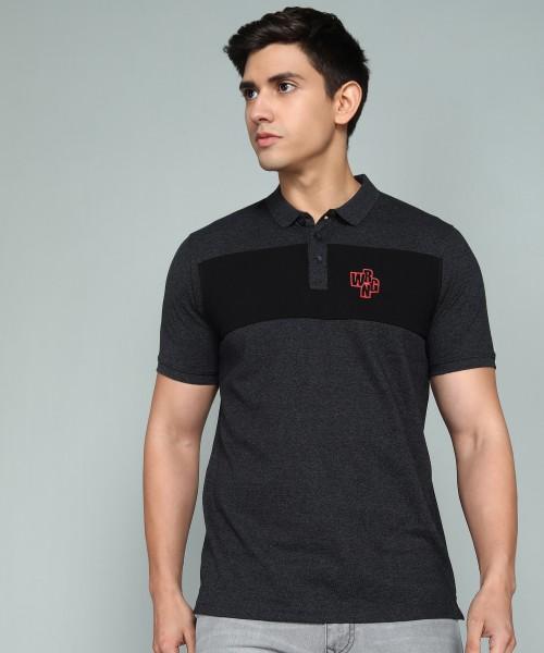 men colorblock polo neck cotton blend grey t-shirt