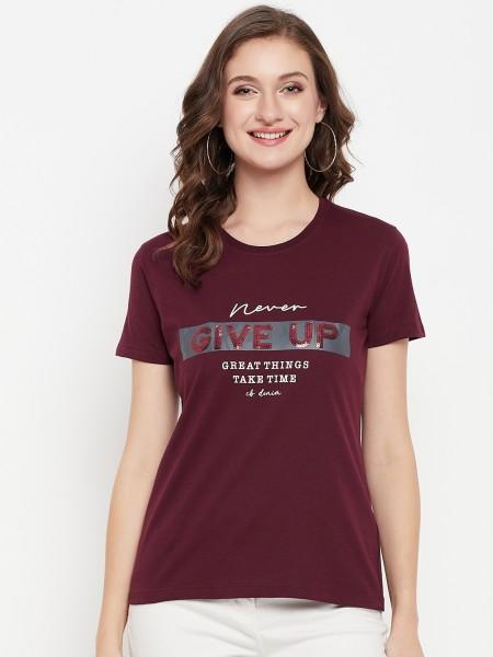 women typography round neck poly cotton maroon t-shirt