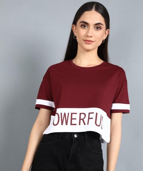 printed women round neck cotton blend maroon t-shirt