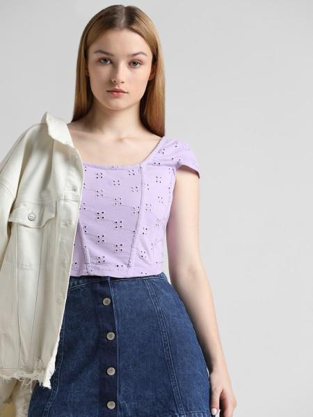 casual cap sleeves self design women purple top