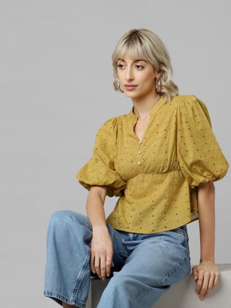 casual regular sleeves embroidered women yellow top