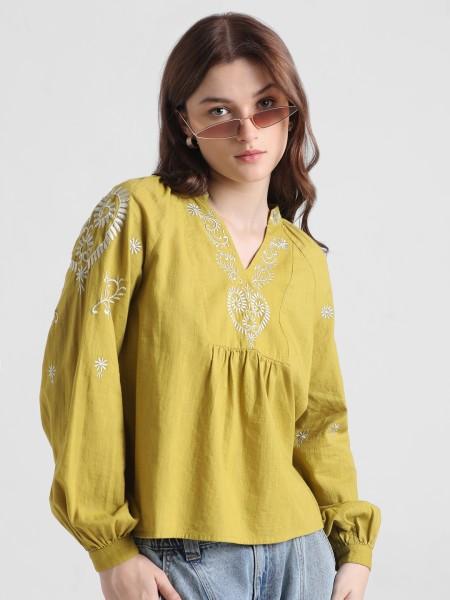 casual puff sleeves embroidered women white, yellow top