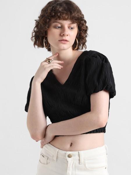 casual puff sleeves solid women black top