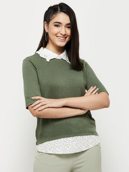 women solid peter pan collar cotton blend green t-shirt